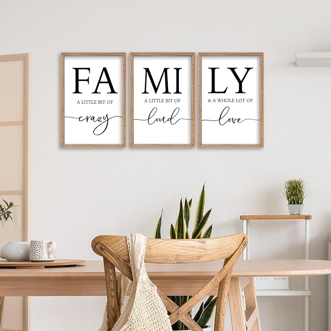 SRSZHIYUE Family Wall Art A Little Bit Of Crazy Loud Sign Wall Decor Art Set of 3 16"×11" Prints Wood Framed for Large Rustic Farmhouse Minimalist Living Room Entryway Wall Hanging (Wood)