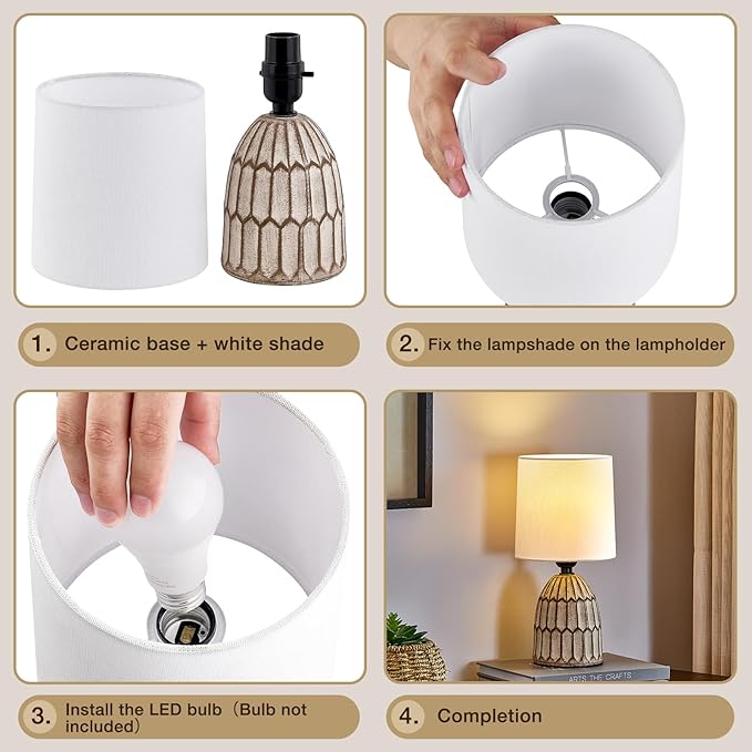 Table Lamps Set of 2-13.5" Small Boho Lamp - Bedside Lamps - Farmhouse Rustic Ceramic Table Lamp for Bedroom, Living Room, Nightstand, Office, Side Desk Lamp, End Table Lamp