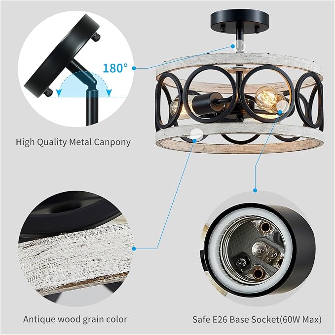 XINGQI Modern Farmhouse Ceiling Light Drum 3-Light Farmhouse Ceiling Lighting Fixture White Wood Grain Finish Semi Flush Mount Ceiling Lights 13” Metal Round Ceiling Lamp for Bedroom Entryway