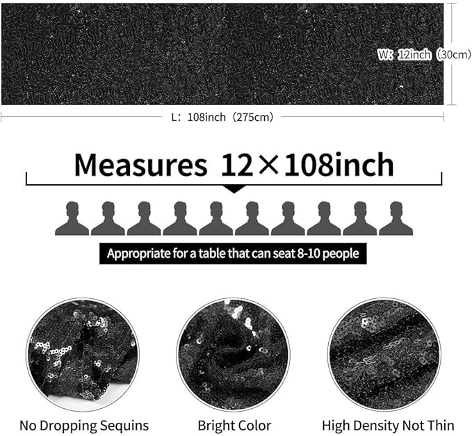 2 Packs 12 x 108 inches Black Sequin Table Runner, Glitter Black Table Runner for Wedding Birthday Bachelorette Holiday Party Supplies Decorations Bridal Shower Baby Shower