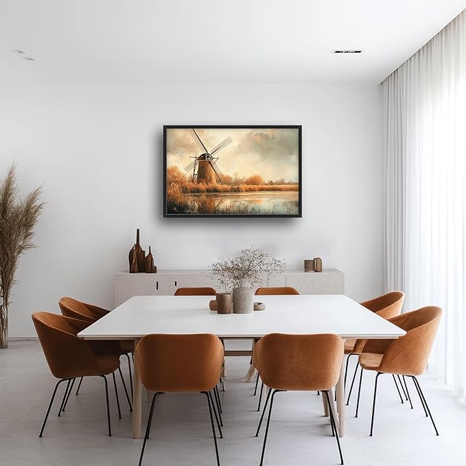 Landscape Framed Wall Art for Living Room, Large Holland Windmill Canvas Wall Decor, Country Farmhouse Pictures Painting, Modern Artwork for Bathroom Bedroom 36L'' × 24W''