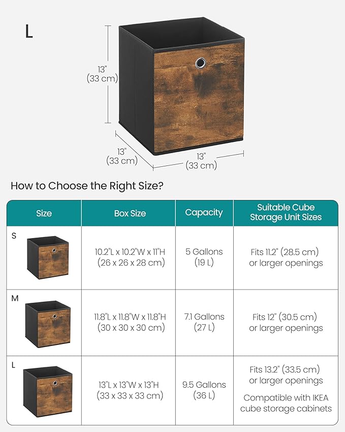 SONGMICS Storage Cubes, Set of 8 Storage Bins, Foldable Fabric Storage Boxes, 13 x 13 x 13 Inches, Fit Cube Storage Unit, for Clothes, Bedroom, Living Room, Rustic Brown and Ink Black URFB833B01