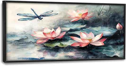 Large Lotus Dragonfly Wall Art for Living Room, Rusitc Floral Canvas Wall Decor, Pink Flowers Pictures Framed Painting, Natural Landscape Artwork for Bedroom Office 60L'' × 30W''