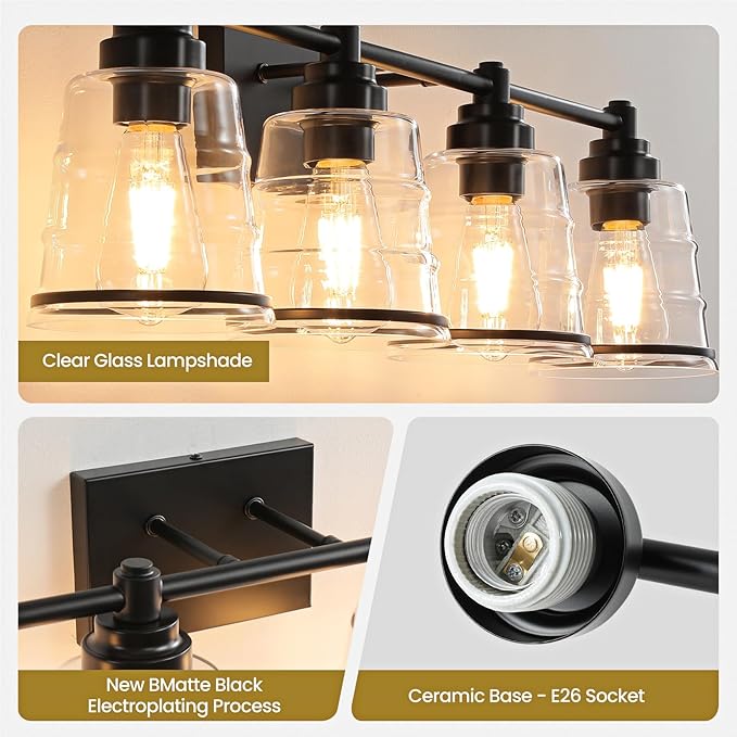 Black Bathroom Vanity Light Fixture, 4 Light Bathroom Light Fixtures Over Mirror with Clear Glass Shade and Metal Base Wall Sconce, 29.1 inch Modern Vanity Light for Bathroom(Exclude E26 Bulb)