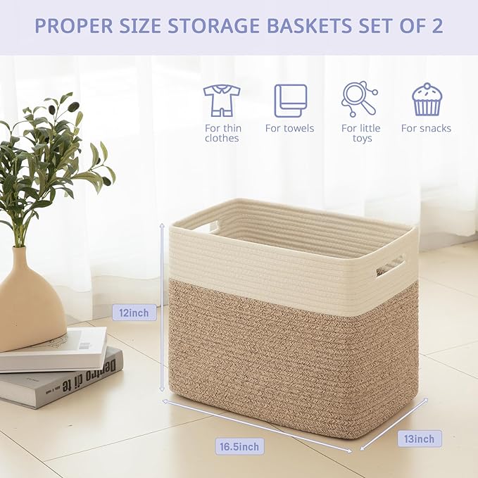 OIAHOMY Storage baskets for Shelf, Toy Storage Basket, Collapsible Storage Bins, Blanket Basket Living Room, Closet Storage for Bedroom, 16.5 x 13 x 12 Inches-Pack of 2-Brown