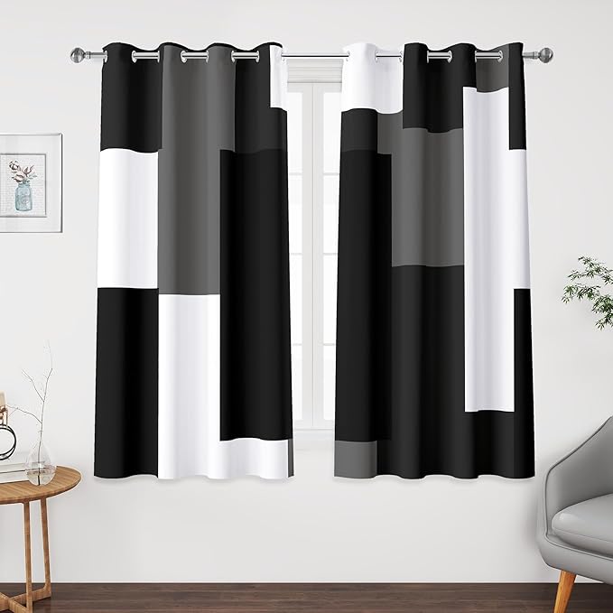 Black Grey 100% Blackout Curtains 52 inch Length 2 Panels Set White Grey Modern Abstract Geometric Drapes for Kitchen Black Out Curtains Insulated Room Darkening Small Window Curtains, 52Wx45L