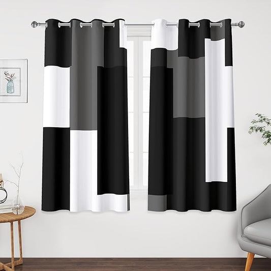 Black Grey 100% Blackout Curtains 52 inch Length 2 Panels Set White Grey Modern Abstract Geometric Drapes for Kitchen Black Out Curtains Insulated Room Darkening Small Window Curtains, 52Wx45L