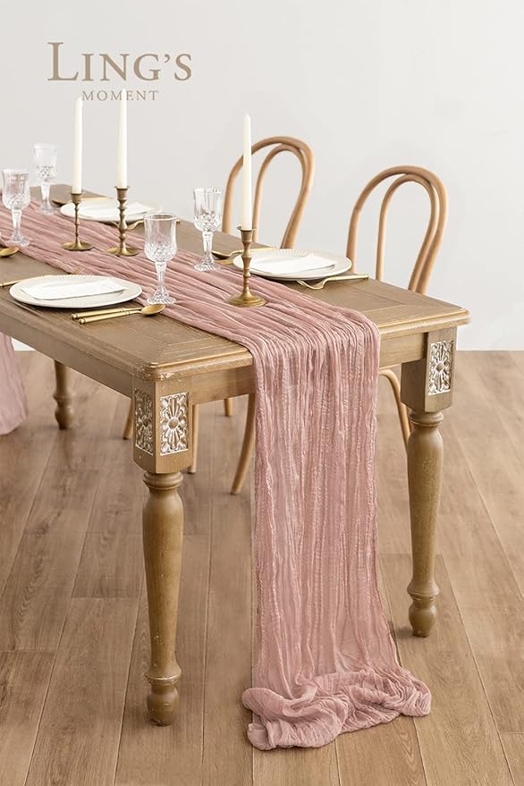 Ling's moment 10Ft x 35" Wide Dusty Rose Gauze Semi-Sheer Table Runner Cheesecloth Tablecloth for Wedding Party Bridal Shower Boho Table Decor