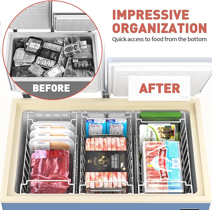 Goovilla Freezer Organizer Bins with Foldable Handle, 4 Pack Stackable Freezer Baskets for 3.5-7 Cu.FT Deep Chest Freezer Organization, White Metal Freezer Storage Bins with Better Space Utilization