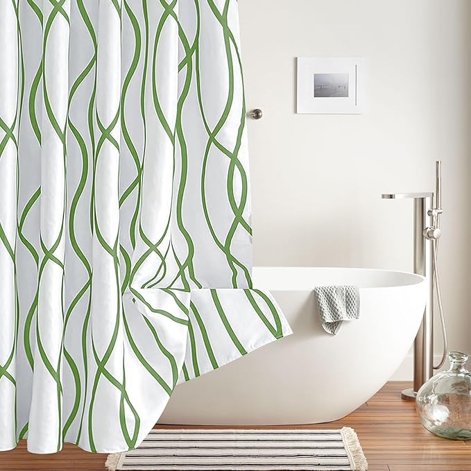 Biscaynebay Extra Long Textured Fabric Shower Curtain 72 W x 84 L, Sage Printed Striped Linen Modern Hotel Luxury Quality Cloth Bathroom Curtains Machine Washable