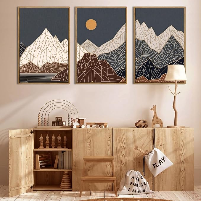ANHUIB Farmhouse Mountain Wall Art Geometric Mountain Range Wood Wall Decor for Living Room Bedroom Office 16x24 Inch Set of 3