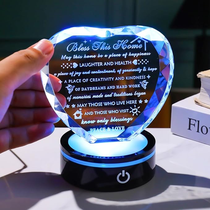 YWHL House Warming Gifts New Home Housewarming Gifts for Women Men Crystal Heart Keepsake with LED Base Home Warming Gift Couple Presents House Blessing Warming Gift New Apartment