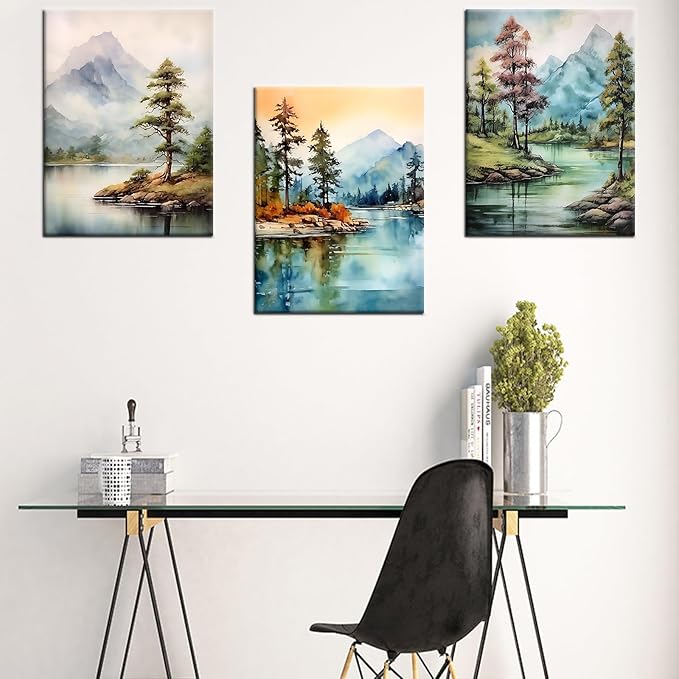 Landscape Canvas Wall Art Watercolor Green Forest Lakes Poster Print Mountain Range Picture Painting Artwork for Modern Home Bedroom Bathroom Wall Decoration Stretched and Framed [36''W x 16''H]