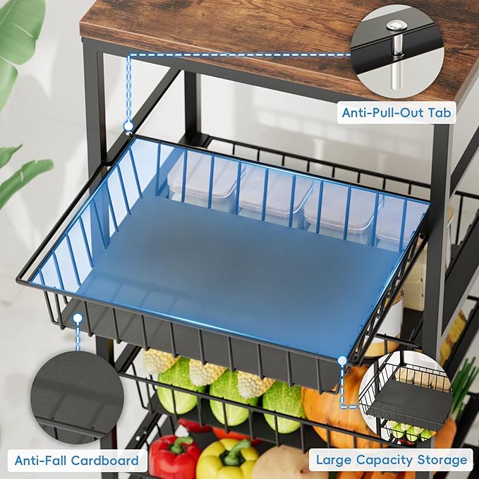 Fruit Vegetable Cart, 5-Tier Snack & Kitchen Cart on Wheels with Storage, Pull-Out Baskets & Wood Top, Rolling Organizer for Pantry, Living Room (Brown)