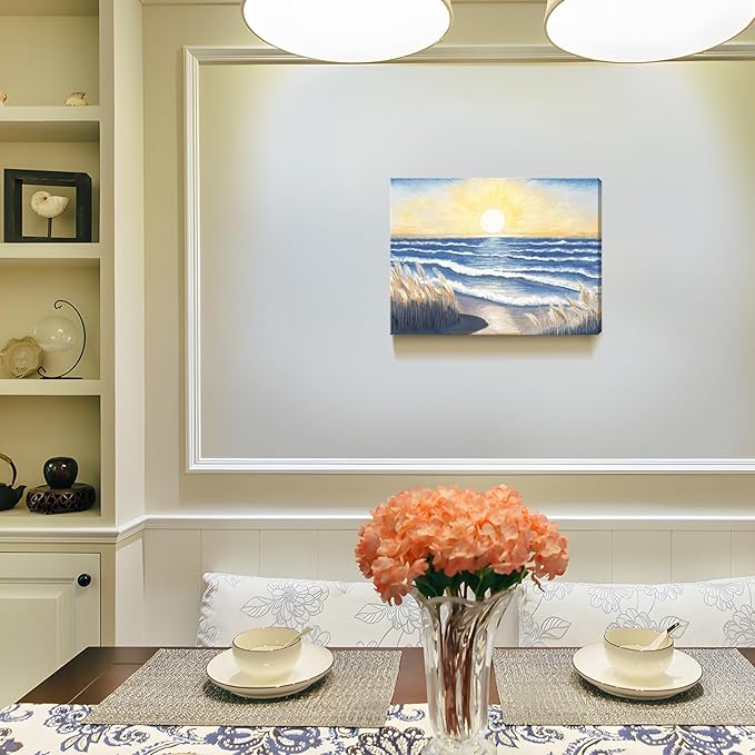 Bathroom Decor Wall Art Beach Sunset Blue Ocean Waves Nature Pictures Coastal Reeds Canvas Print Seaside Landscape Seashore Botanical Painting Seascape Artwork for Home Sea Lake Bedroom 12x16inch