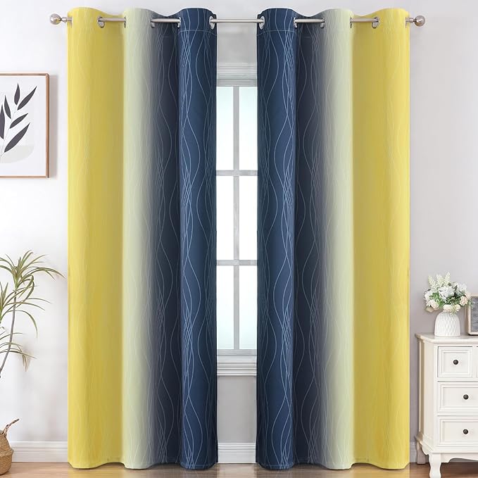 Estelar Textiler Yellow and Navy Blue Ombre Blackout Curtains for Living Room, Thermal Insulated Gradient Blackout Drapes, Full Room Darkening Energy Saving Curtains for Bedroom, 42Wx84L, 2 Panels