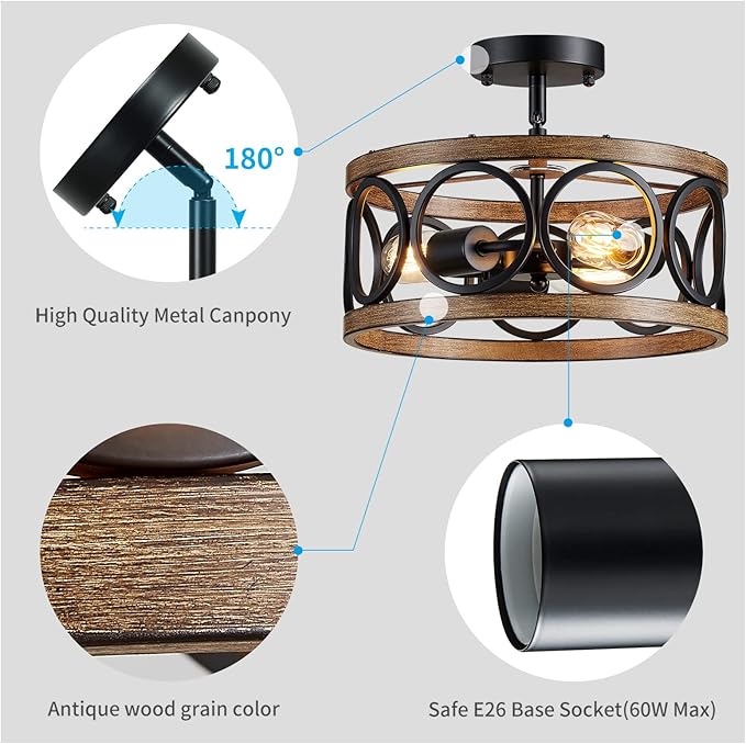XINGQI Semi Flush Mount Ceiling Light Fixture Modern 3-Light Farmhouse Ceiling Lights for Bedroom Living Room Dining Room Entry Hallway Foyer 13" Black and Wood Grain Finish
