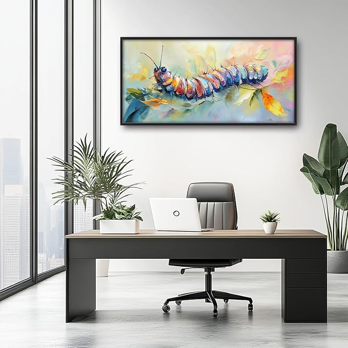Extra Large Framed Abstract Caterpillar Wall Art,Colorful Cute Caterpillar Leaves Wall Decor Pictures for Living Room,Canvas Print Painting Modern Artwork Bedroom Office Bathroom 60L x30W