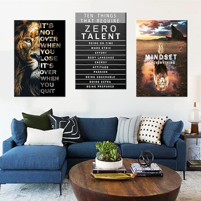 Motivational Canvas Wall Art Lion Inspirational Quote Wall Decor Zero Talent Poster Animal Picture Print Painting Modern Inspiring 3 Panels Artwork for Living Room Office Home Decor [72''Wx 36''H]