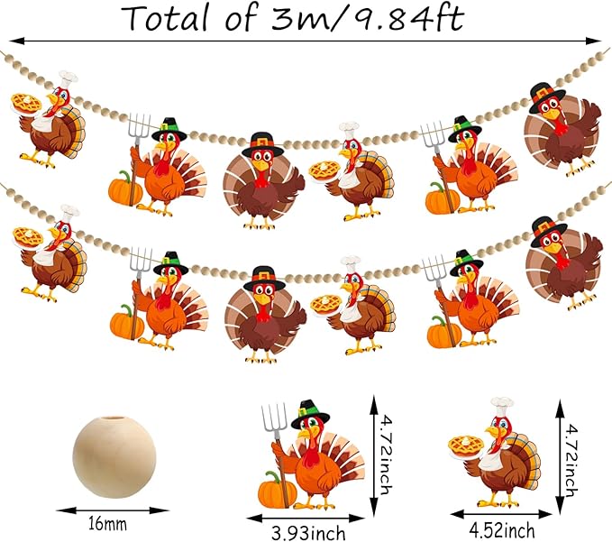 Doumeny 2Pcs Fall Thanksgiving Felt Garland with Wood Bead Thankful Felt Turkey Banner Garland Turkey Wood Bead Bunting Banner Happy Thanksgiving Hanging Bunting for Home Fireplace Harvest Party Decor