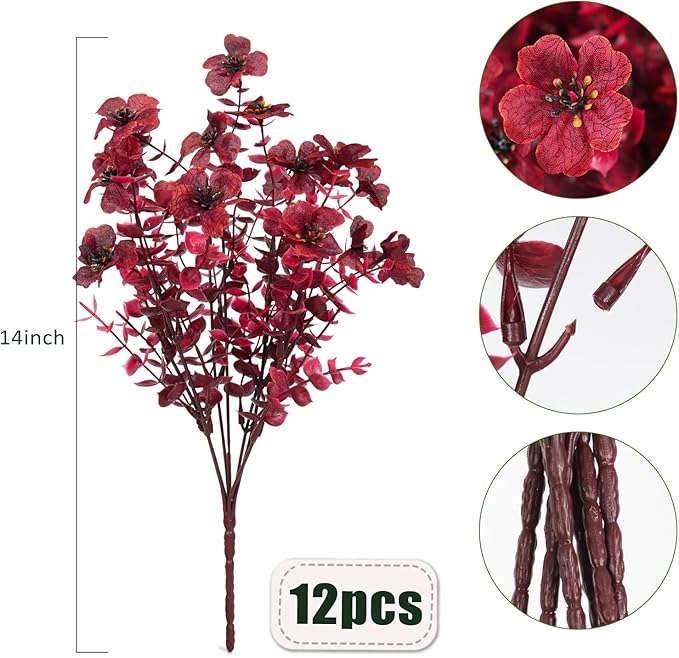 RECUTMS Realistic Artificial Plants Artificial Mums Fall Flowers Fake Fall Plant UV Resistant Fake Flowers Realistic Eucalyptus Leaves Silk Mums Faux Autumn Plant for Thanksgiving Home Decor(Wine Red)