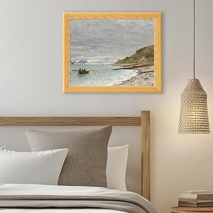 Brivoria Framed Canvas Wall Art Vintage Decor, Coastal Landscape with Rowboat Rocky Beach and Wooden Jetty Below Cloudy Sky for Hallway Dining Room or Reading Nook Wall Decoration, 13"x16"