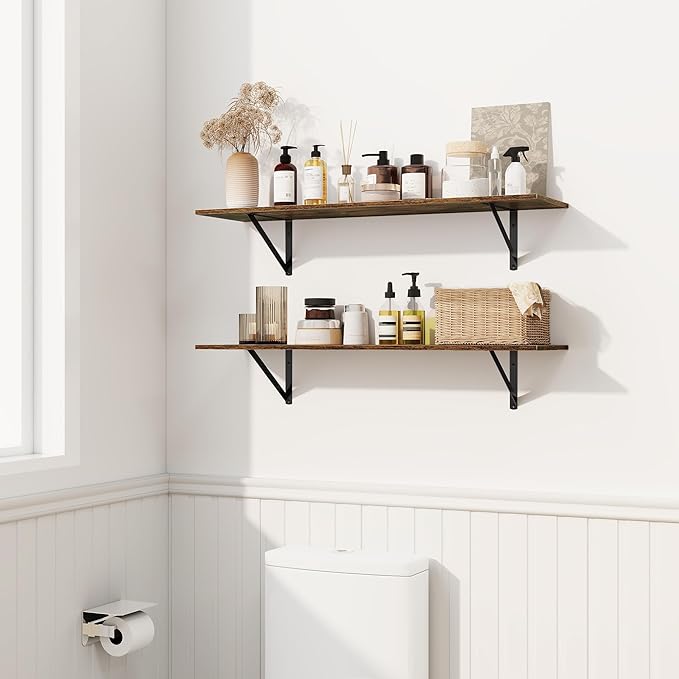 Fun Memories Deep Floating Shelves for Wall, 16W x 8D Wall Mounted Shelves Set of 2, Wide Display Ledge Shelf with Sturdy Metal Brackets for Living Room, Bathroom, Bedroom and Kitchen, Rustic Brown