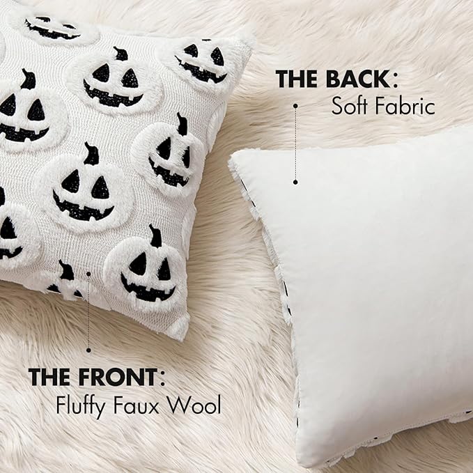 MIULEE Fall Halloween Throw Pillow Covers 18x18 Decorative Pumpkin Pattern Pillowcases Soft Plush Faux Wool Cushions for Home Patio Sofa Couch,White