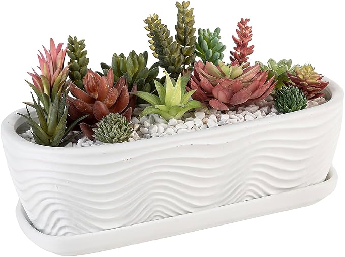 MyGift 13.5 inch Succulent Planter Pot, Oval Modern Ceramic Plant Box Container with Wave Textured Pattern and Removable Saucer Drip Tray (White)