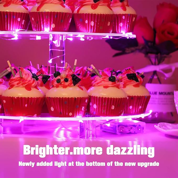 YestBuy 4 Tier Round Cupcake Stand – Premium Cupcake Holder – Acrylic Cupcake Tower Display – Acrylic Display for Pastry + LED Light String – Ideal for Weddings, Birthday Parties & Events (Pink)