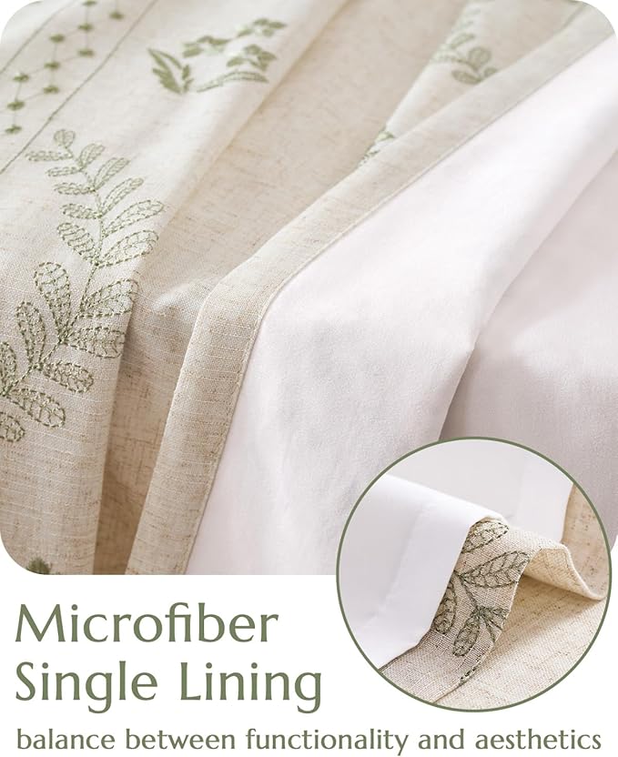 jinchan Belrose Lined Linen Blend Curtains Floral Curtains for Bedroom 63 Inch Length Sage Green Embroidered Drapes Rod Pocket Farmhouse Flower Drapes for Living Room Window Treatments Set 2 Panels