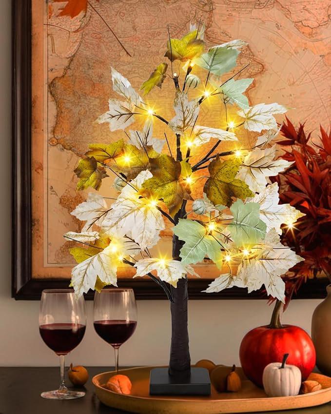 Uieke 2 Packs 24inch Artificial Lighted Fall Maple Tree 48 LED Fall Decor Table Lights with 6 White Pumpkins Battery Operated Timer, Fall Decorations or Home Thanksgiving Autumn Harvest (Green White)