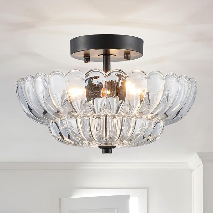 XINGQI Modern Chandelier Vintage Semi Flush Mount Ceiling Light Fixture Small Black 3-Light Close to Ceiling Scalloped with Clear Glass Shade for Living Room Entryway Bedroom Closet