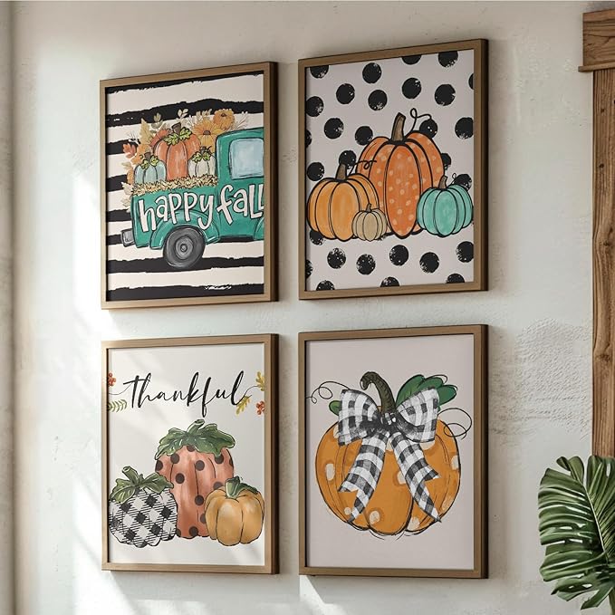 JXREQ Fall Decor Pumpkin Wall Art Decor, Rustic Farmhouse Truck Pumpkins Retro Fall Wall Decor Prints, Thankful Wall Decor for Harvest Thanksgiving Kitchen Bedroom Living Room, 8x10 Inch 4Pcs