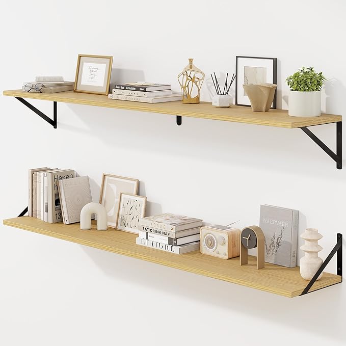 Fun Memories Deep Floating Shelves for Wall, 55W x 8D Wall Mounted Shelves Set of 2, Wide Display Ledge Shelf with Sturdy Metal Brackets for Living Room, Bathroom, Bedroom and Kitchen, Oak