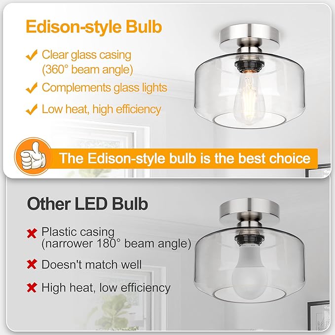 Industrial Semi Flush Mount Ceiling Light Brushed Nickel, 800 Lumen LED Bulb Included, Clear Glass Shade Ceiling Light Fixture, Farmhouse Light Fixture for Hallway Corridor Kitchen Bathroom Bedroom