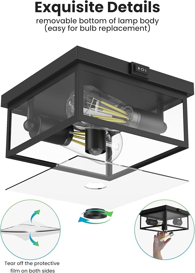 Outdoor Ceiling Light with Motion Sensor, Flush Mount Porch Light, Exterior Light Fixture with Clear Glass, Dusk to Dawn 2-Light Fixture for Patio,Porch (8.5 in)