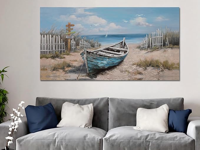 Ardemy Blue Coastal Canvas Wall Art for Living Room Textured Beach Painting Turquoise Teal Bedroom Picture Modern Boat Artwork Framed Home Office Kitchen Wall Decor, Large 48"x24"