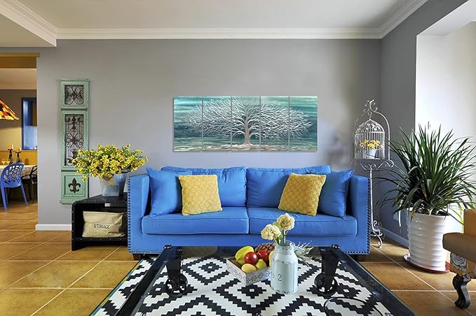 Yihui Arts Large Metal Wall Art Handcrafted Aesthetic Tree Pictures on Aluminum 5 Panels Teal and Silver Abstract Landscpae Artwork for Living Room Bedroom Dinning Decor