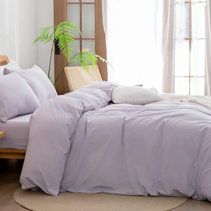 BESTOUCH Duvet Cover Set 100% Washed Cotton Linen Feel Super Soft Comfortable Chic Lightweight 3 PCs Home Bedding Set Solid Taro Purple Oversized King