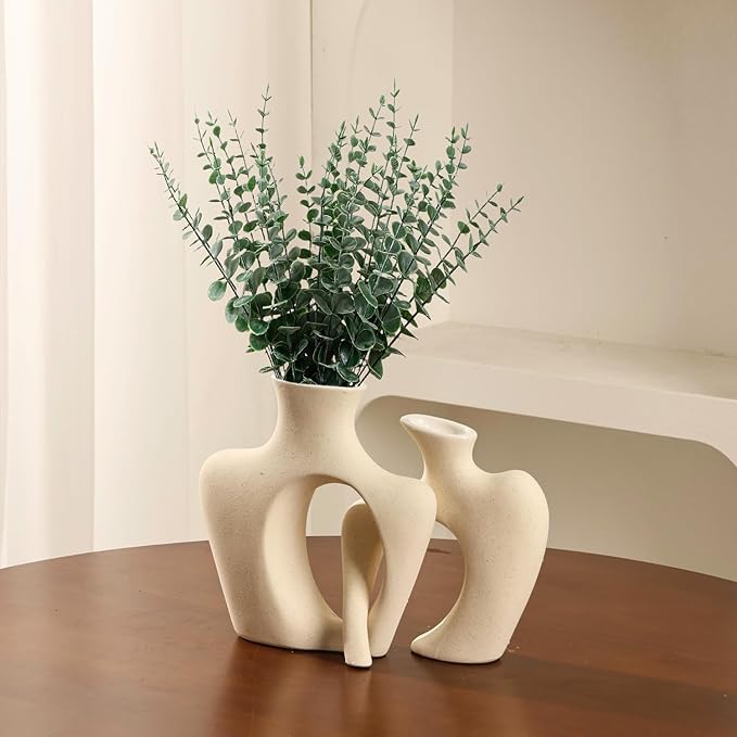 Beige Ceramic Vases for Decor, Set of 2 Small Decorative Vase Modern Boho Aesthetic Flower Vases for Table Centerpiece Dining Room Shelf Living Room Office Décor