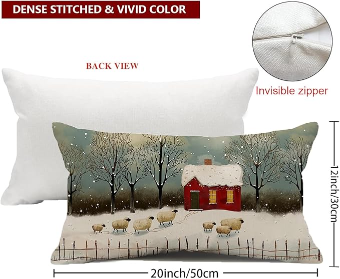 Christmas Pillow Covers - 12x20 Watercolor Snowflake Rustic Style Nature Forest Sheep Decorative Throw Pillows for Winter Decor
