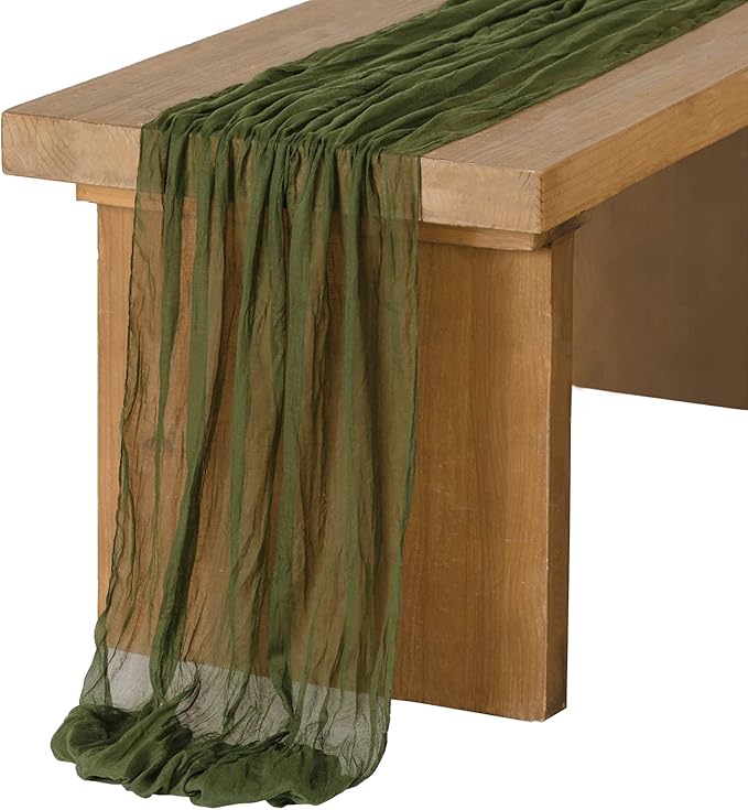 Ling's Moment 14Ft x 35" Wide Olive Moss Green Gauze Semi-Sheer Table Runner Cheesecloth Tablecloth for Wedding Party Bridal Shower Boho Table Decor Moss Green