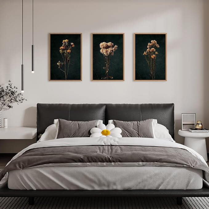 HOURIA Moody Boho Floral Framed Canvas Wall Art Set,Vintage Black Flower Wall Decor,Mid Century Minimalist Wildflower Artwork,Nature Retro Botanical Art Print for Living Room,Bedroom,Office- 24"x36"x3