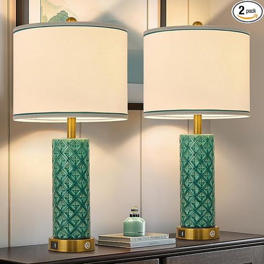 Set of 2 Table Lamp for Living Room Bedroom Farmhouse,26'' Touch Control Bedroom Turquoise Ceramic Lamps 3-Way Dimmable Bedside Lamps with USB A+C Ports Linen Shade for Home