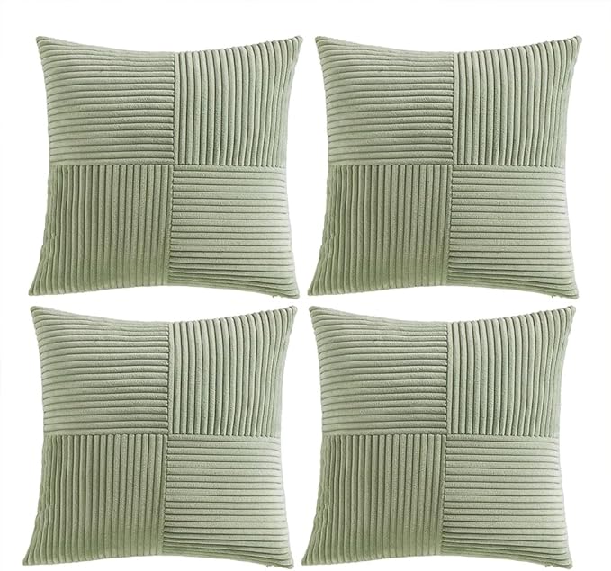 Fancy Homi 4 Packs Sage Green Decorative Throw Pillow Covers 18x18 Inch for Living Room Couch Bed Sofa, Farmhouse Boho Home Decor, Soft Cross Corduroy Patchwork Textured Square Cushion Case 45x45 cm