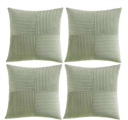 Fancy Homi 4 Packs Sage Green Decorative Throw Pillow Covers 18x18 Inch for Living Room Couch Bed Sofa, Farmhouse Boho Home Decor, Soft Cross Corduroy Patchwork Textured Square Cushion Case 45x45 cm