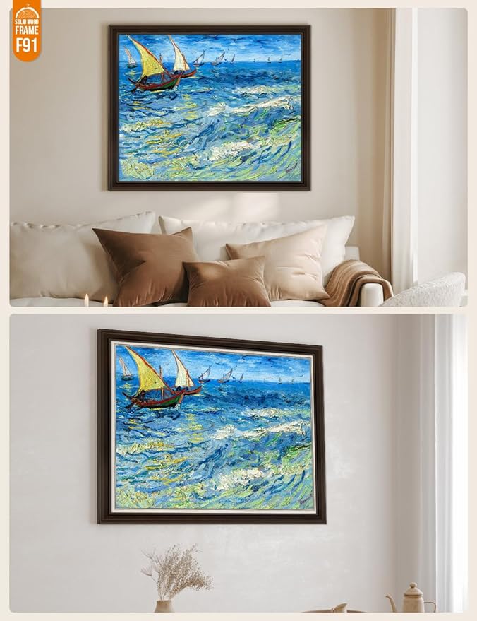 DECORARTS - Fishing Boats At Sea - Vincent Van Gogh Giclee Prints w/Antique Brown Frame for Wall Decor.