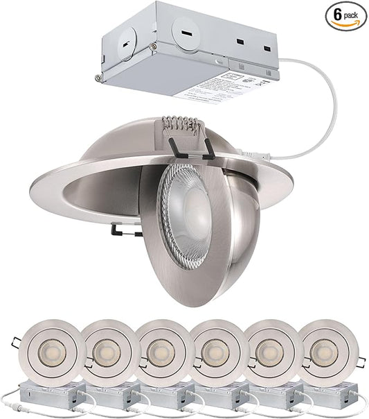 4-inch Gimbal LED Recessed - 4 in Lighting 6Pack Canless Brushed Nickel Trim 90° Tilt Swivel LED Eyeball Wafer Slope Ceiling Adjustable Spotlight Dimmable Brushed Nickel 4 inch 6 Pack