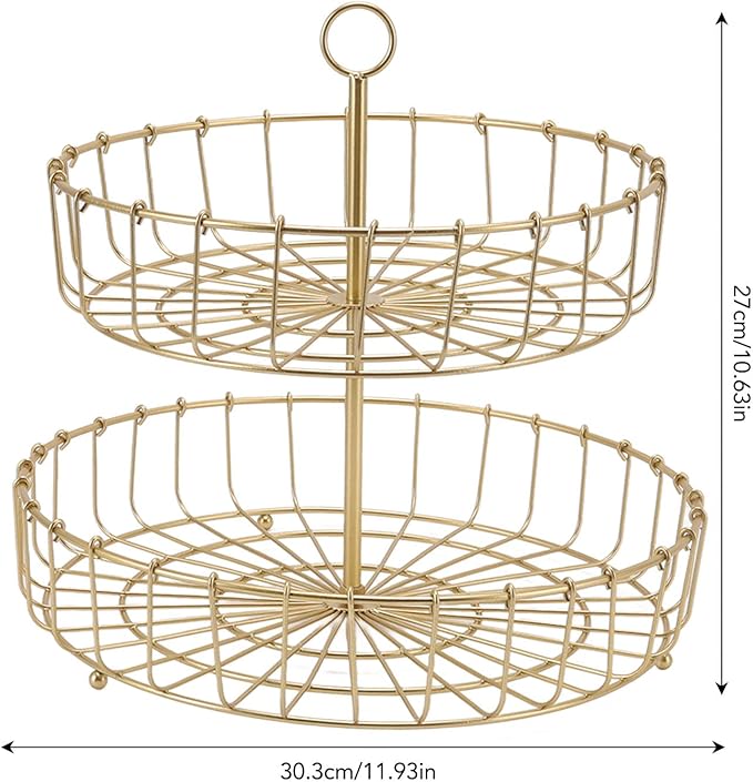 Tiered Fruit Bowl, 2 Tier Fruit Basket, Golden Fruit Basket Iron Round Golden Nordic Household Snack Storage Tray For Party Desktop Kitchen